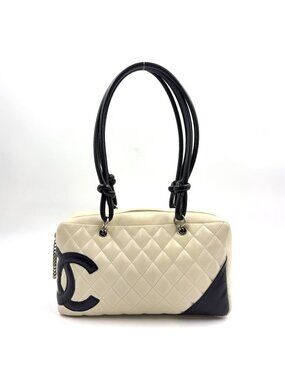 Chanel Cambon Line Bowling Lambskin Black White Shoulder Bag Silver